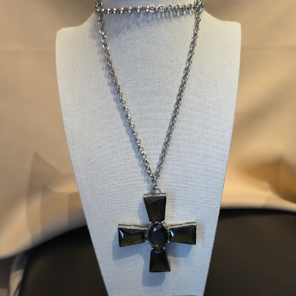 Chico's Silver and Black Onyx Cross Necklace